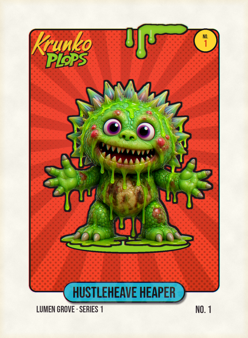 Hustleheave Heaper, original Krunko Plops collectible card number 001
