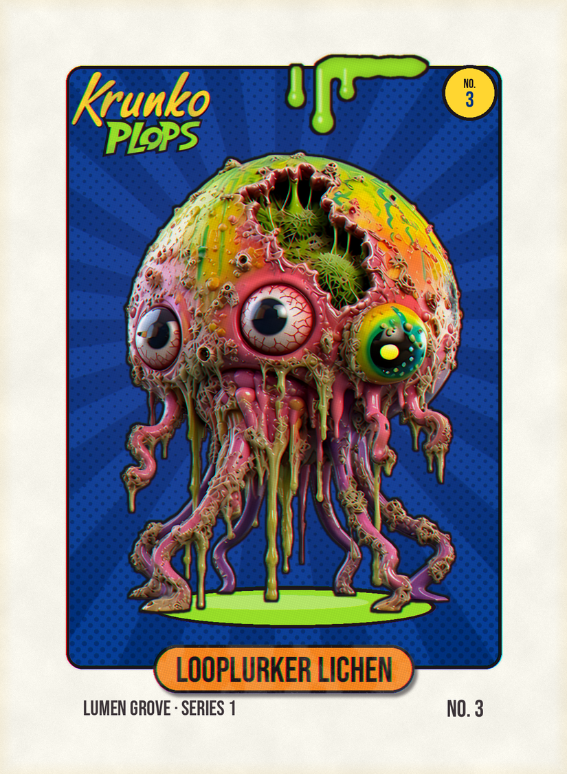 Looplurker Lichen, original Krunko Plops collectible card number 003